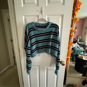 Cropped teal and black striped sweater